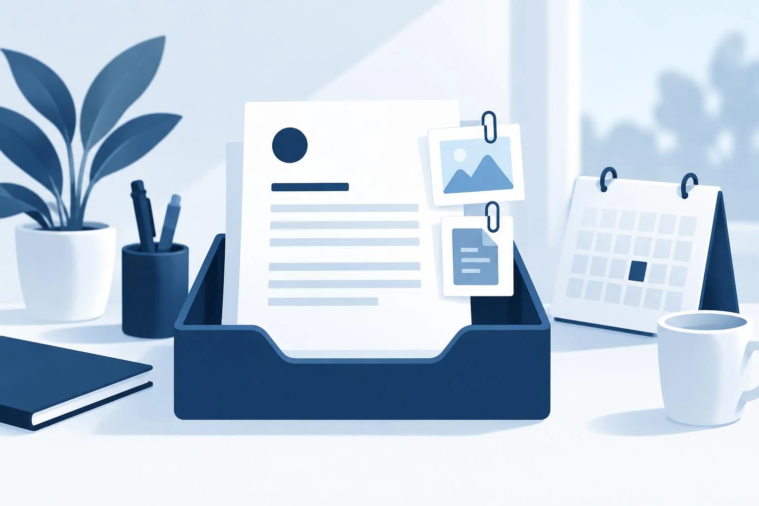 Ilustración de un email y documentos organizados para conservar evidencias de una comunicación.