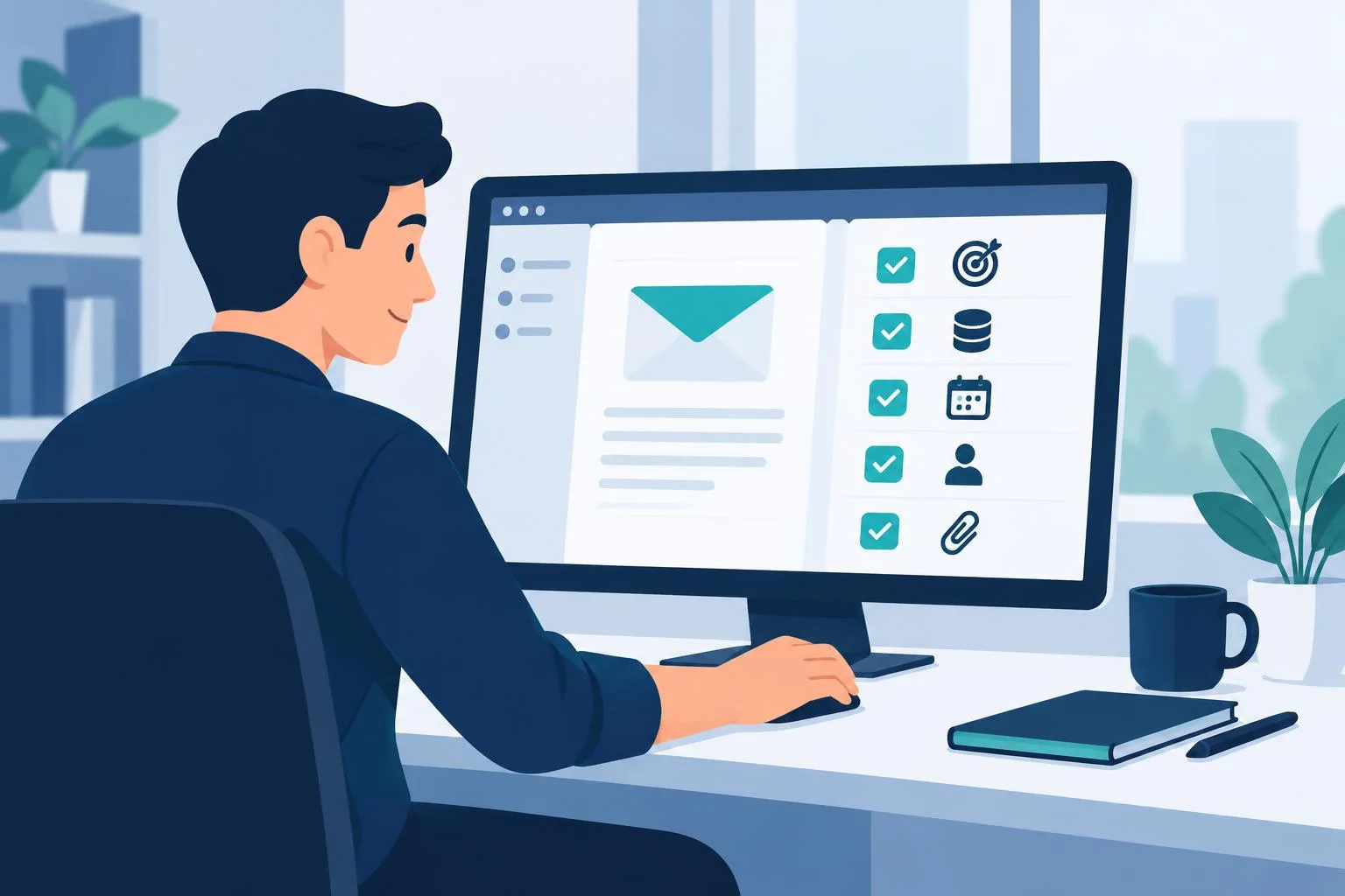 Persona revisando una lista de verificación antes de enviar un correo importante.
