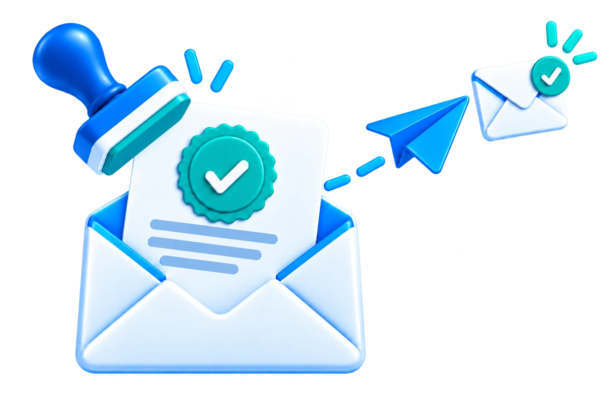 Email certificado representado mediante un sobre, un sello de validación y un envío digital